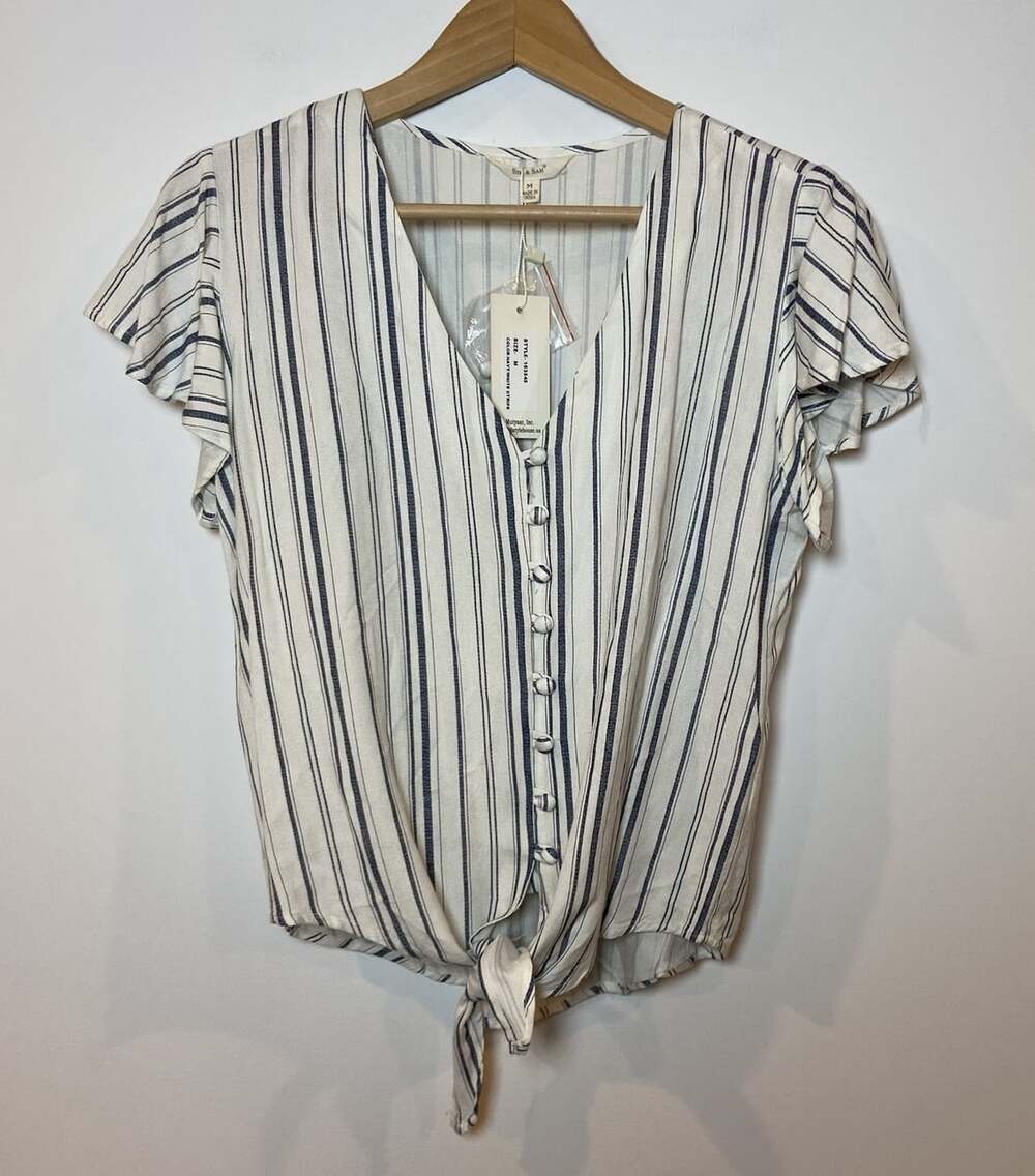 NWT Sim & Sam Shirt Blouse Flutter Sleeve Tie Navy Blue White Stripe M New